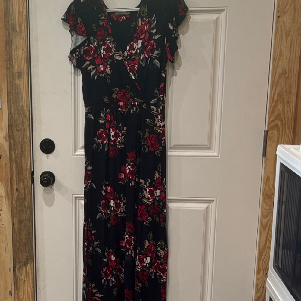 Loveappella Black Maxi Dress with Red Floral Pattern